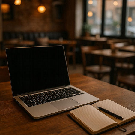 Laptop with blank screen and notepad on wooden table in cafeの写真素材