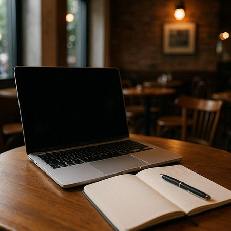 Laptop and notebook on a wooden table in a cafe with a cup of coffeeの写真素材