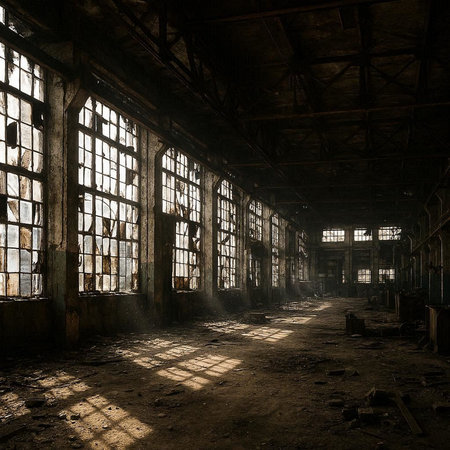 abandoned industrial interior with large windows, toned image.