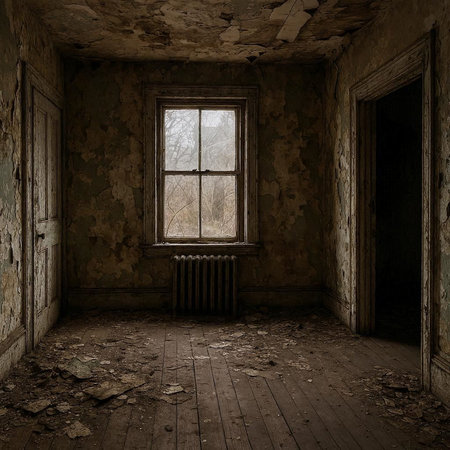 Abandoned room with a window in the middle. 3d render