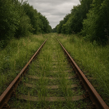 Railway in the forest. Retro style photo of railroad tracks.