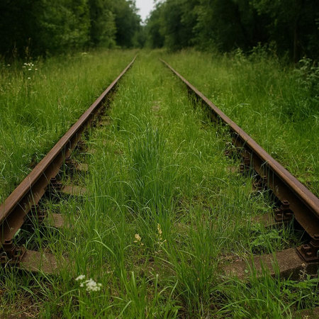 Railway tracks through the green grass in the forest, close-upの写真素材