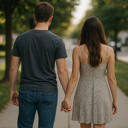 Back view of young couple holding hands and looking at each other while walking in park