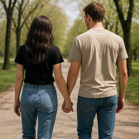 Back view of young couple holding hands while walking in the park.