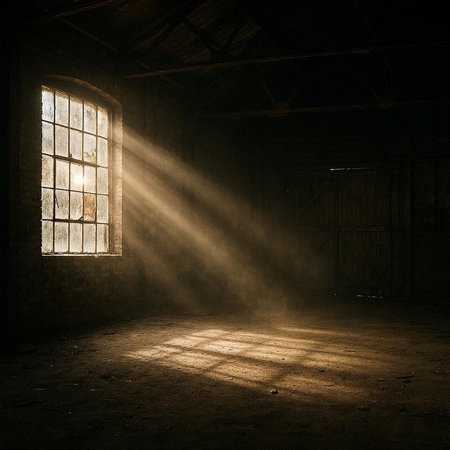 Abandoned industrial interior with a window and rays of light.