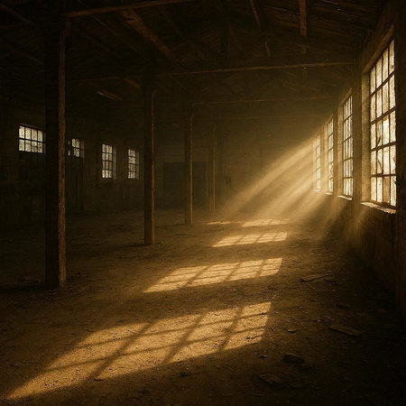 Abandoned warehouse with sunlight coming through the windows. 3d rendering