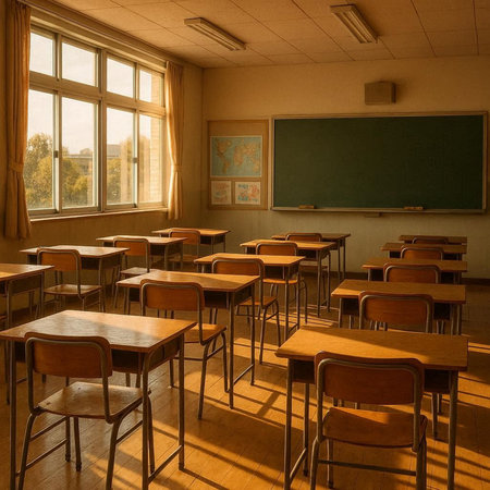 Empty classroom with desks and chairs in front of a blackboard.の写真素材