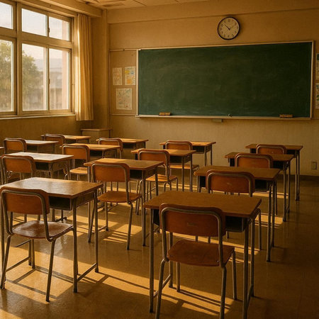 Classroom with desks, chairs and chalkboard in the background.の写真素材