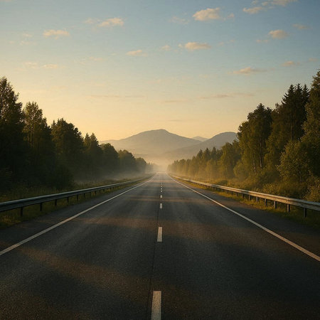Road in the mountains in the rays of the setting sun. Summer landscape.の写真素材