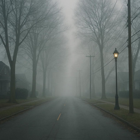 Foggy street in the morning, with a lantern and trees
