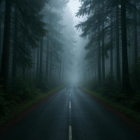 Road in the foggy forest with pine trees on the sides.