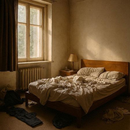 interior of a bedroom with a bed and a window in the backgroundの写真素材