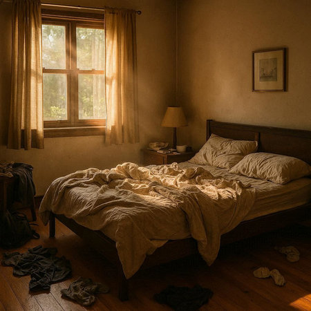 Interior of a room with a wooden bed and a large window