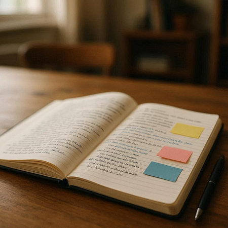Notebook and pen on the table. Notebook with sticky notes.