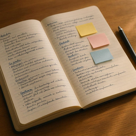 Notebook with sticky notes and pen on wooden table. Back to school.の写真素材