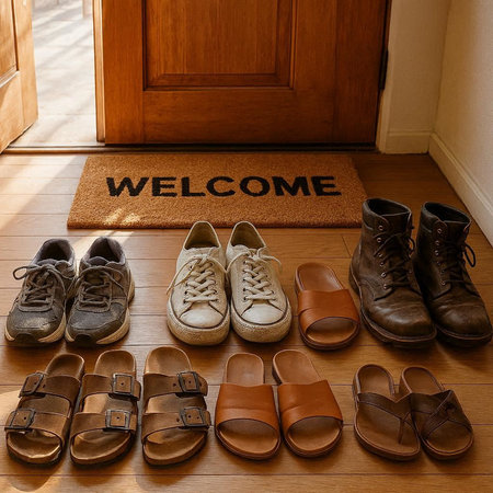 Set of different shoes on wooden floor at home. Welcome sign.の写真素材