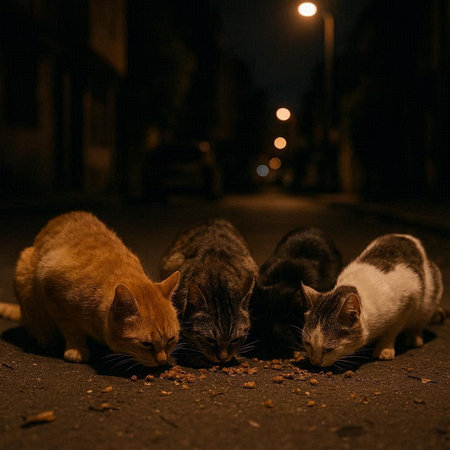 Three hungry stray cats eating food on the street in the night.