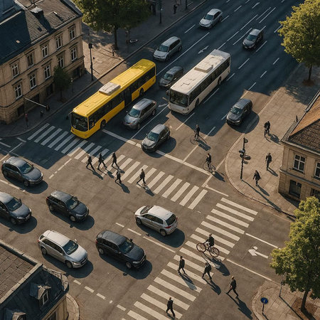 Aerial view of a crosswalk in the center of Prague, Czech Republic