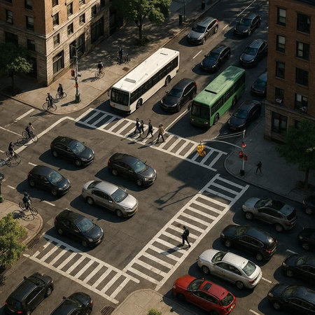 Aerial view of a busy intersection in New York City, USA