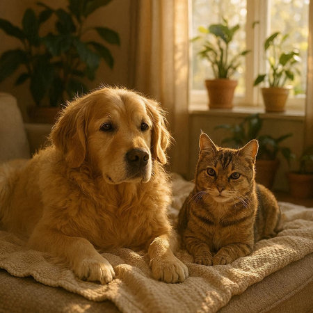 Golden Retriever and cat sitting together on sofa at home.