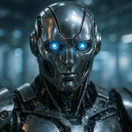 3D rendering of a male cyborg with blue eyes in a dark room