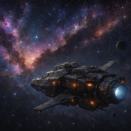 Space ship in deep space with planets, stars and nebula.