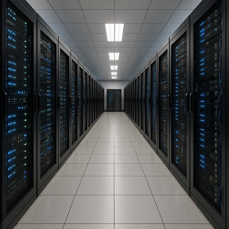 3d render of server room with rows of servers in data center