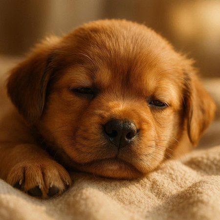 Labrador Retriever puppy lying on the bed at home.の写真素材