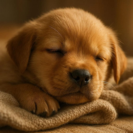 Labrador Retriever puppy sleeping on a soft woolen blanketの写真素材