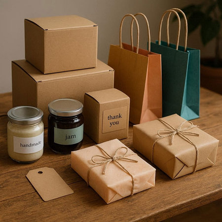 Gift boxes and jars of jam on a wooden table. Delivery concept.