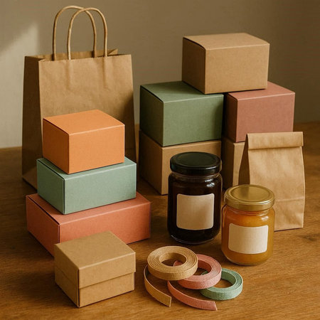 Gift boxes with kraft paper and jar of jam on wooden table