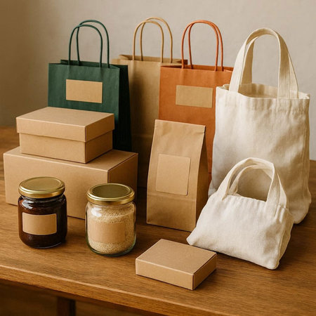 Zero waste shopping concept. Paper bags, jars and jars of jam on wooden table