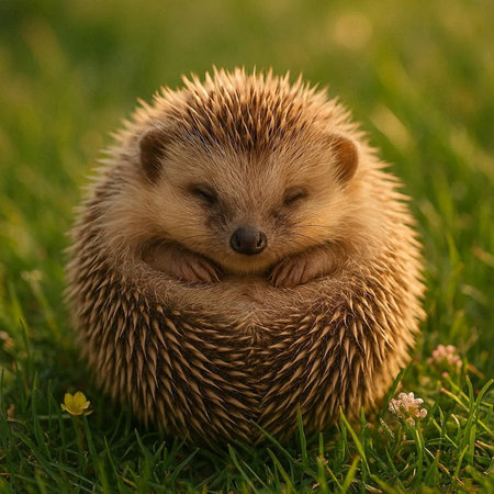 hedgehog on green grass in sunset light, shallow depth of fieldの写真素材