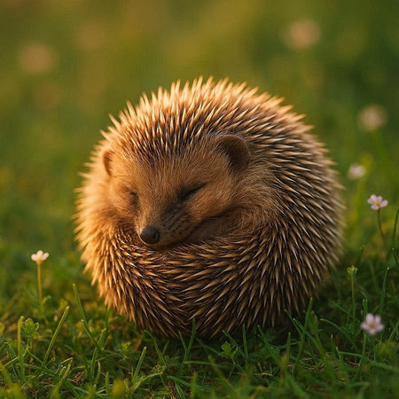 hedgehog on the green grass in the park at sunset.の写真素材