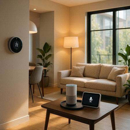 Modern living room with coffee table, sofa, lamp and plant.