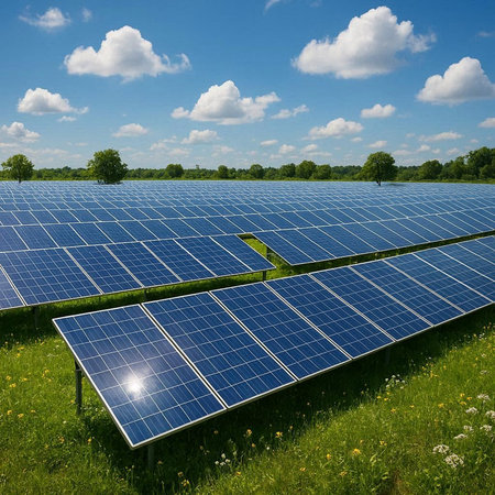 Solar panels on a green field with blue sky and white clouds.