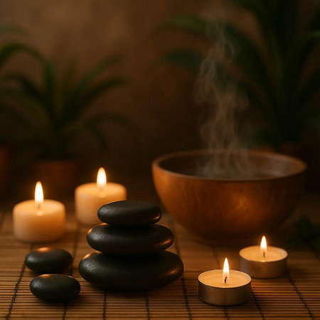 Spa still life with hot stones and burning candles on bamboo mat
