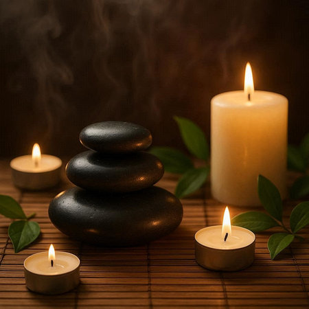 Spa stones with burning candles on bamboo mat and green leaves.の写真素材