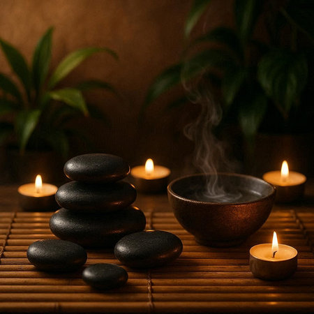 Spa still life with hot stones and burning candles on bamboo mat