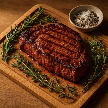 Grilled beef steak with rosemary and spices on wooden cutting board