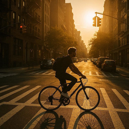 Cyclist riding bicycle on the street at sunset in New York City