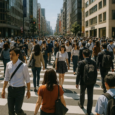 Thousands of people cross the street.