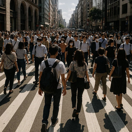 Thousands of people cross the street.