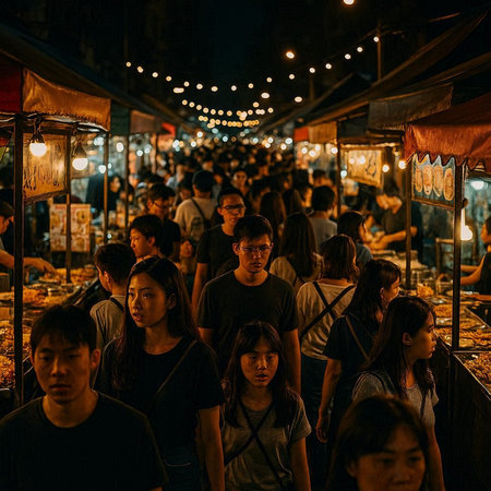 View of people walking at a street market in the eveningの写真素材