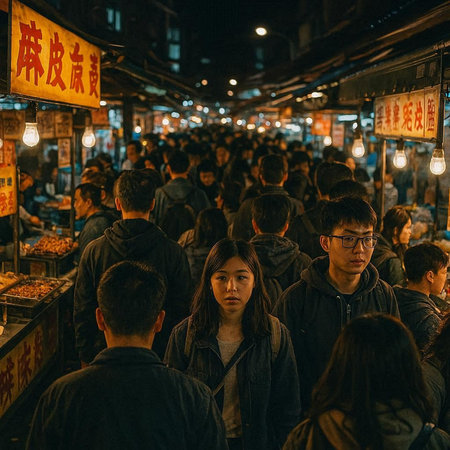 Unidentified people at night market in Hong Kong.