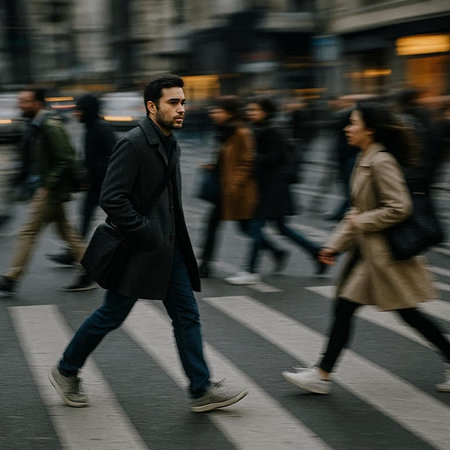 Businessman walking on the street with people in the background, motion blur