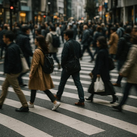 Busy city street with people walking on zebra crossing, motion blurの写真素材