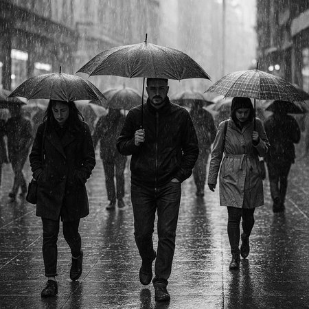 Crowd of people walking in the rain. Black and white photo.