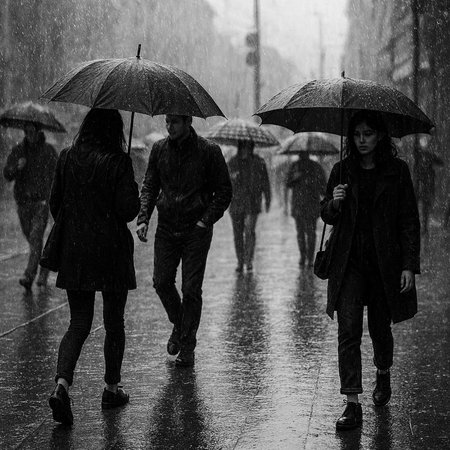 People walking in the rain. Black and white. Urban scene.