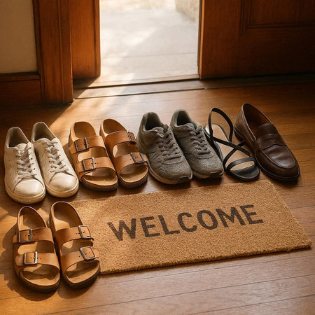 Welcome word on doormat with shoes